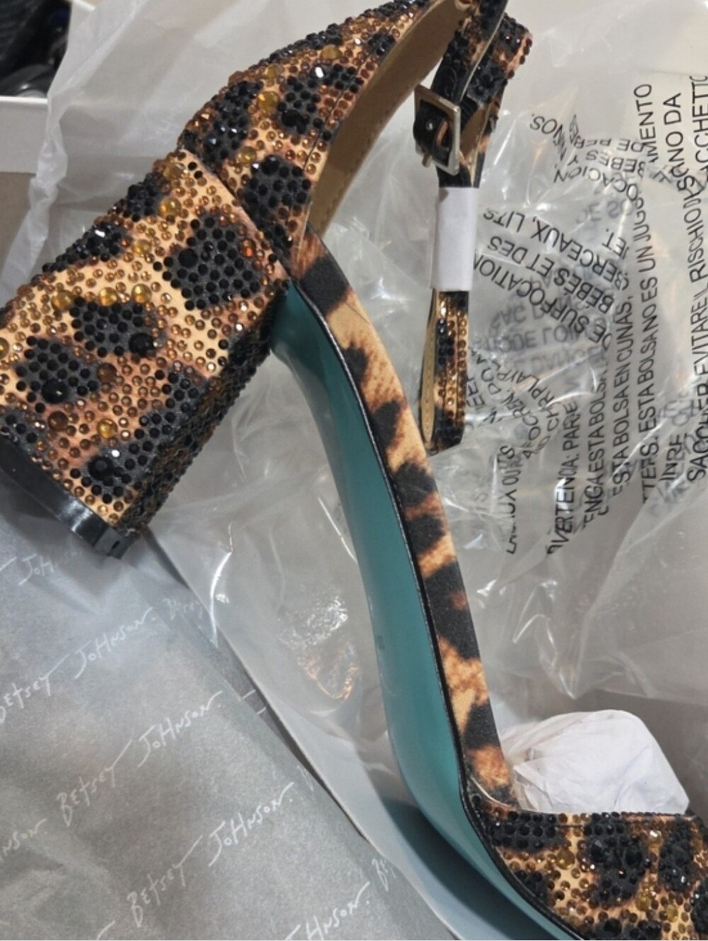 👉✨️ Betsey Johnson Leopard  Kami Crystal Block Heel Sandal in Tan and Black - Picture 5 of 5